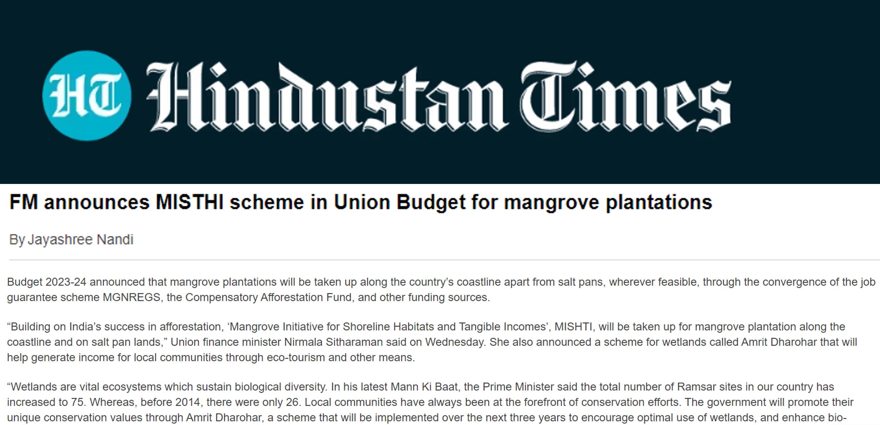 Dr Indu K Murthy quoted by Hindustan Times on the MISTHI scheme for mangrove plantations